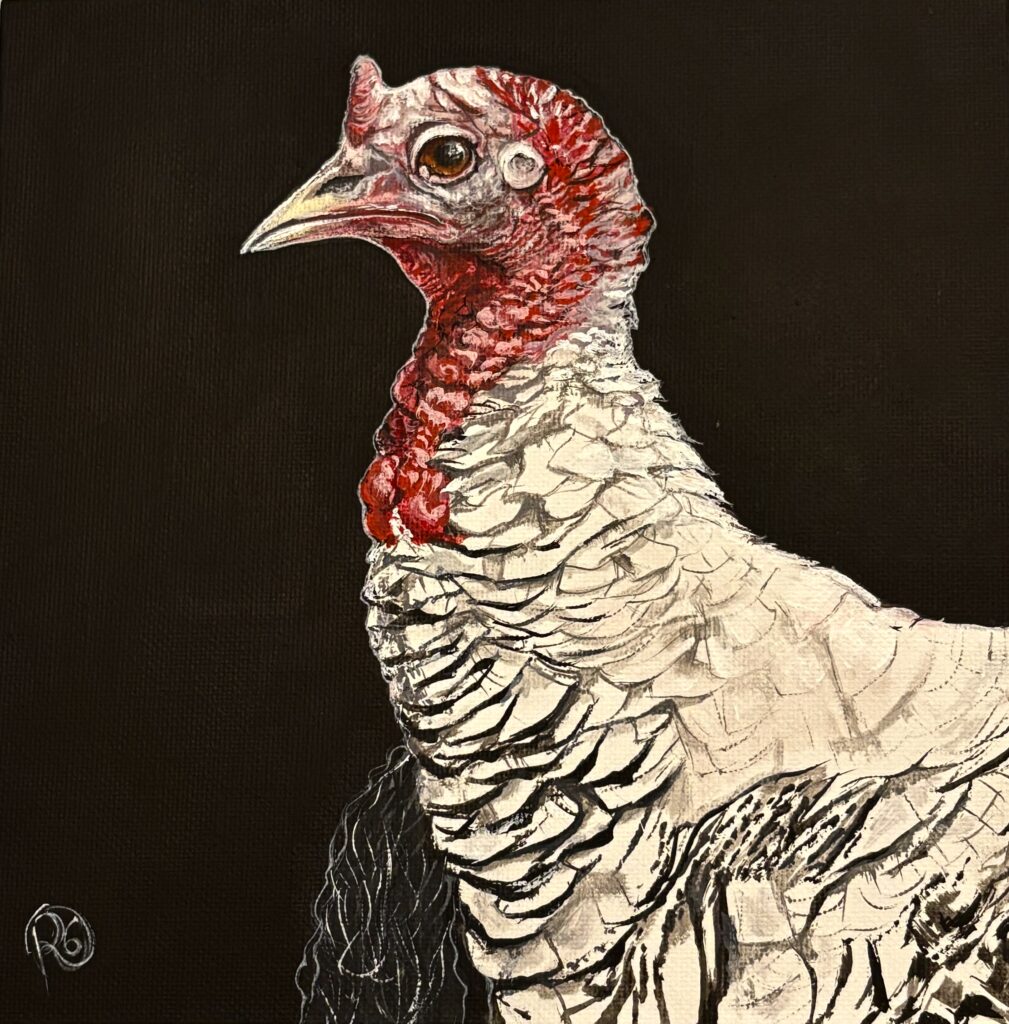 a painting of a turkey who is an animal rescue at a farm sanctuary