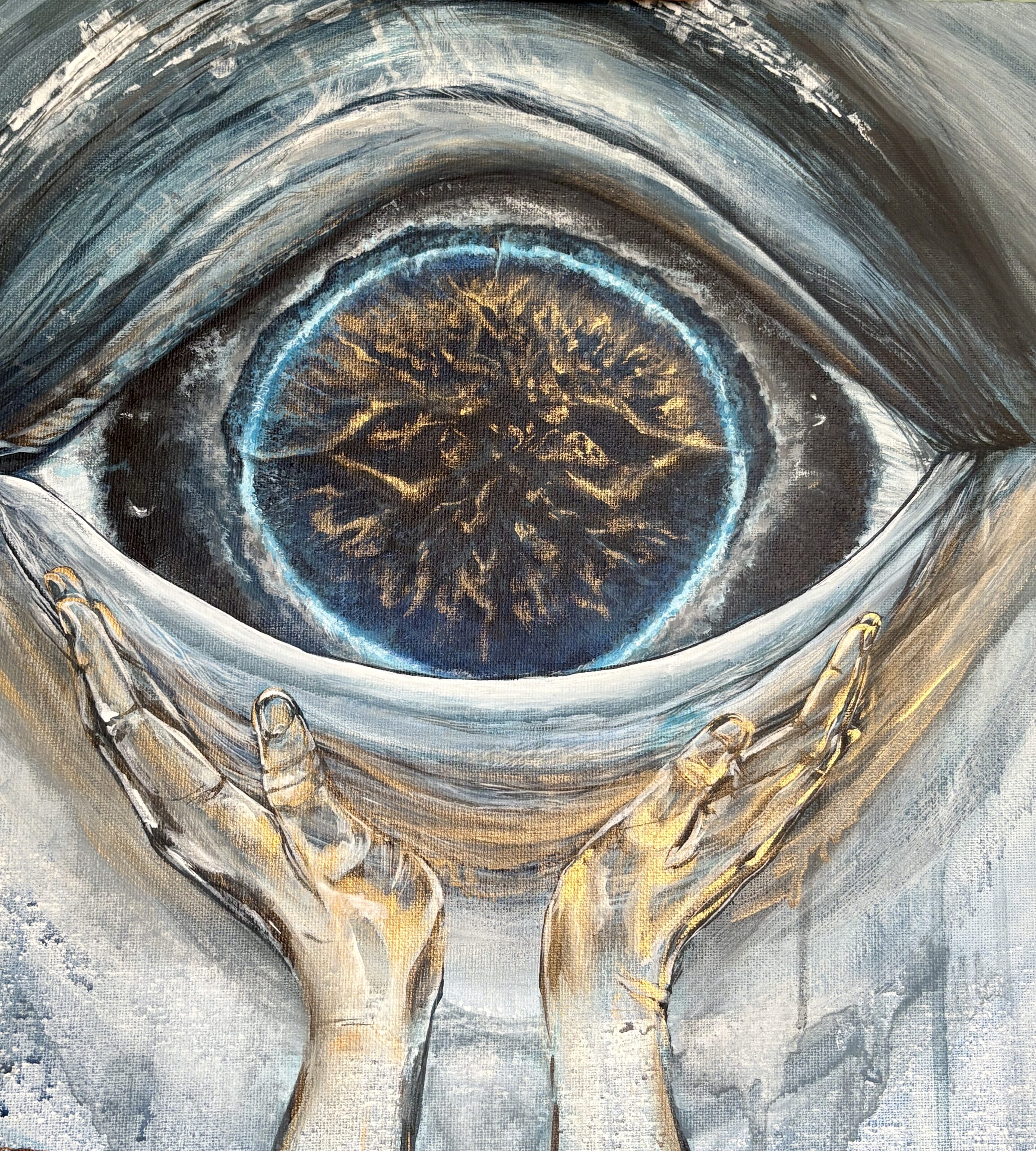 Close-up of a humpback whale’s eye with symbolic human hands in the painting