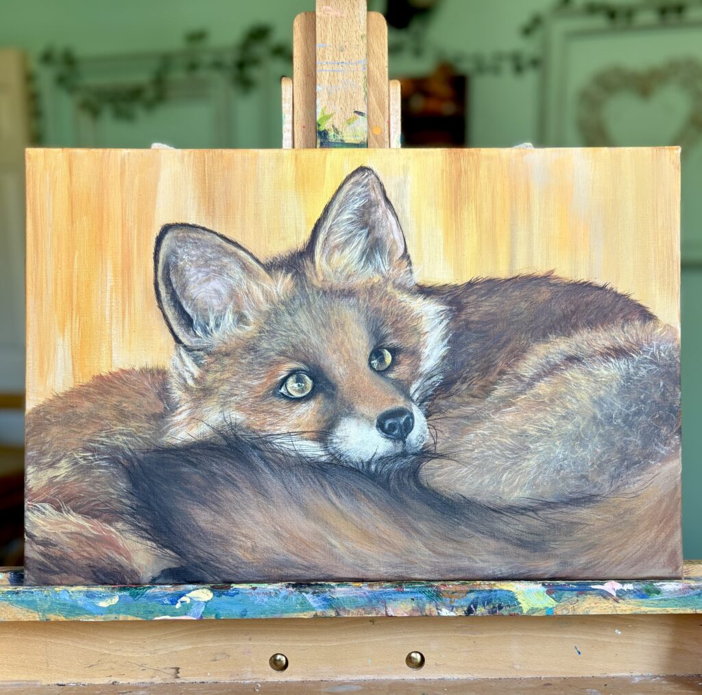 Painting of a red rescued fox against a warm background.
 The fox's face and fur are rendered in warm natural tones, highlighting its individual presence and expression.