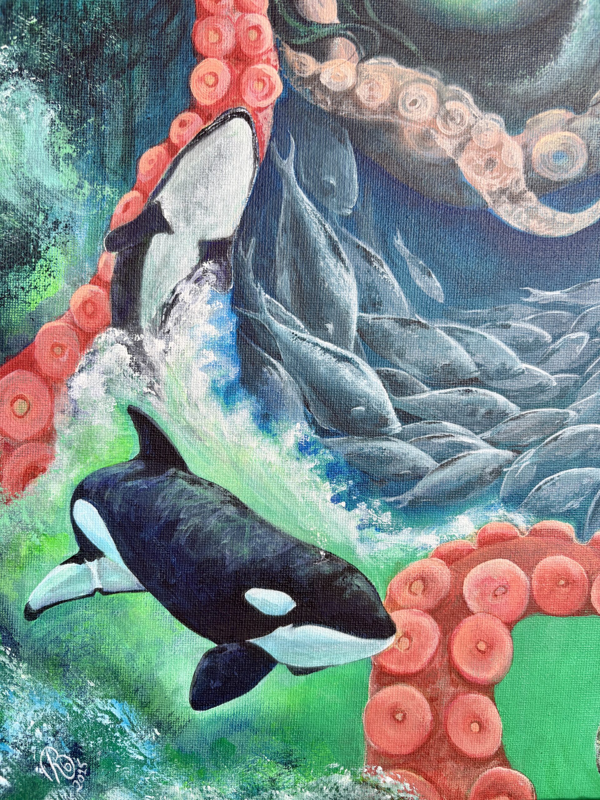Two orcas swimming together in the ‘Hear the Call’ painting