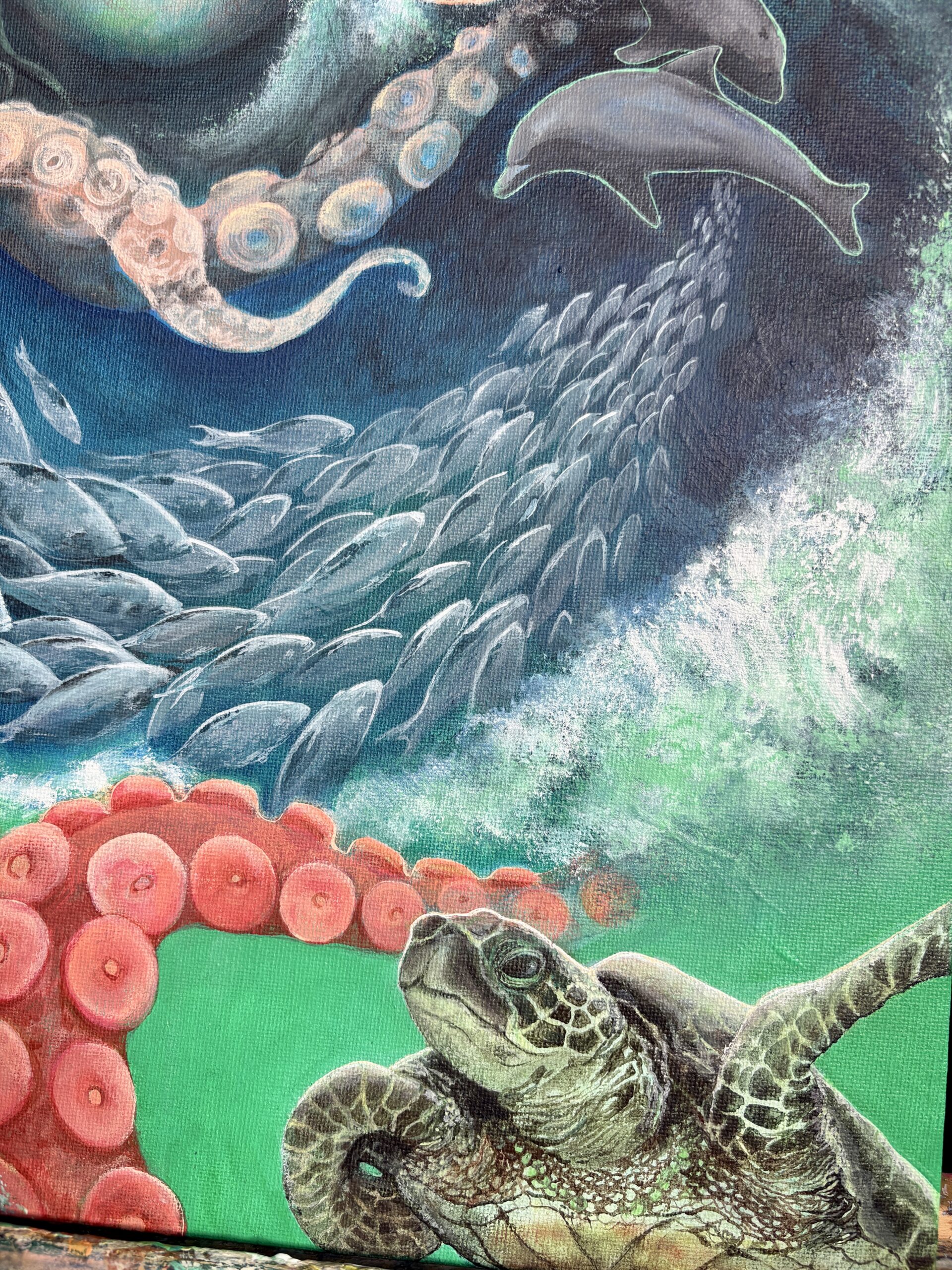 Sea turtle swimming in the foreground with dolphins in the background in ‘Hear the Call’ painting