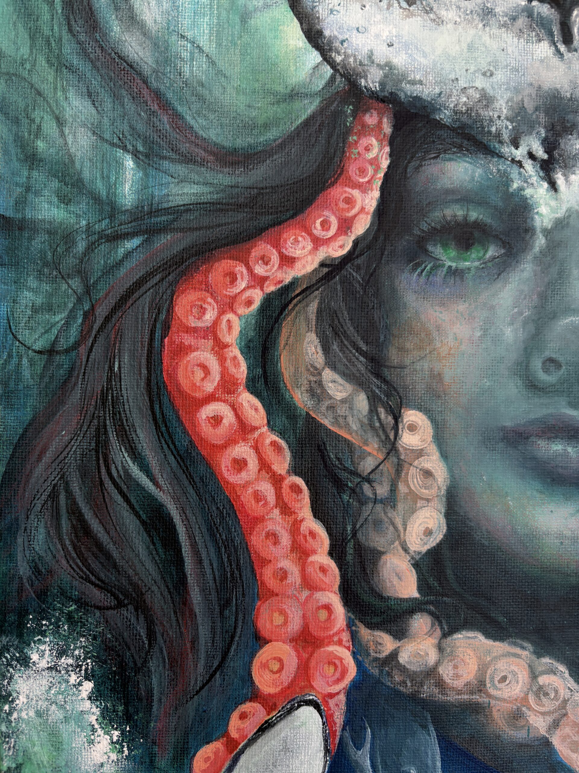 Close-up of the ocean guardian goddess face in ‘Hear the Call’ painting
