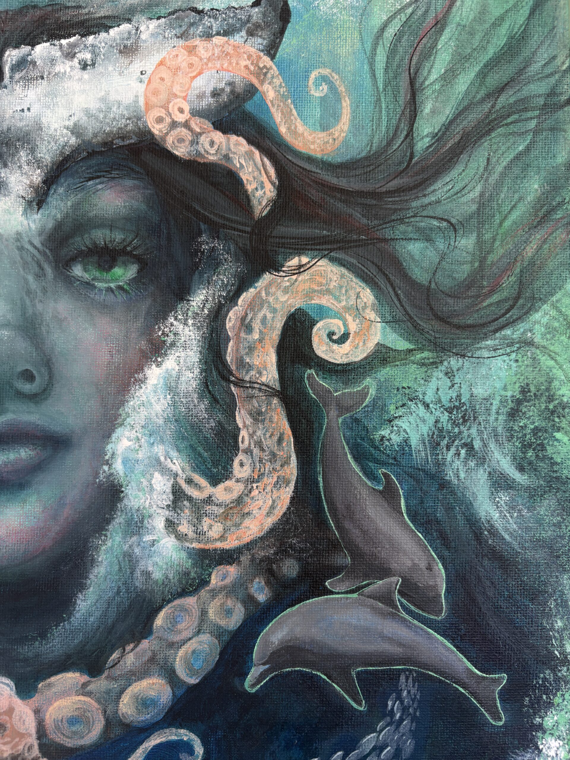 Close-up of the ocean guardian goddess face in ‘Hear the Call’ painting