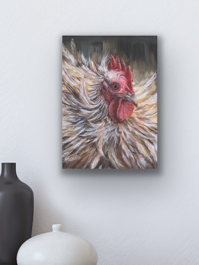 George canvas print styled against a white wall with white and black minimalist ceramic accessories