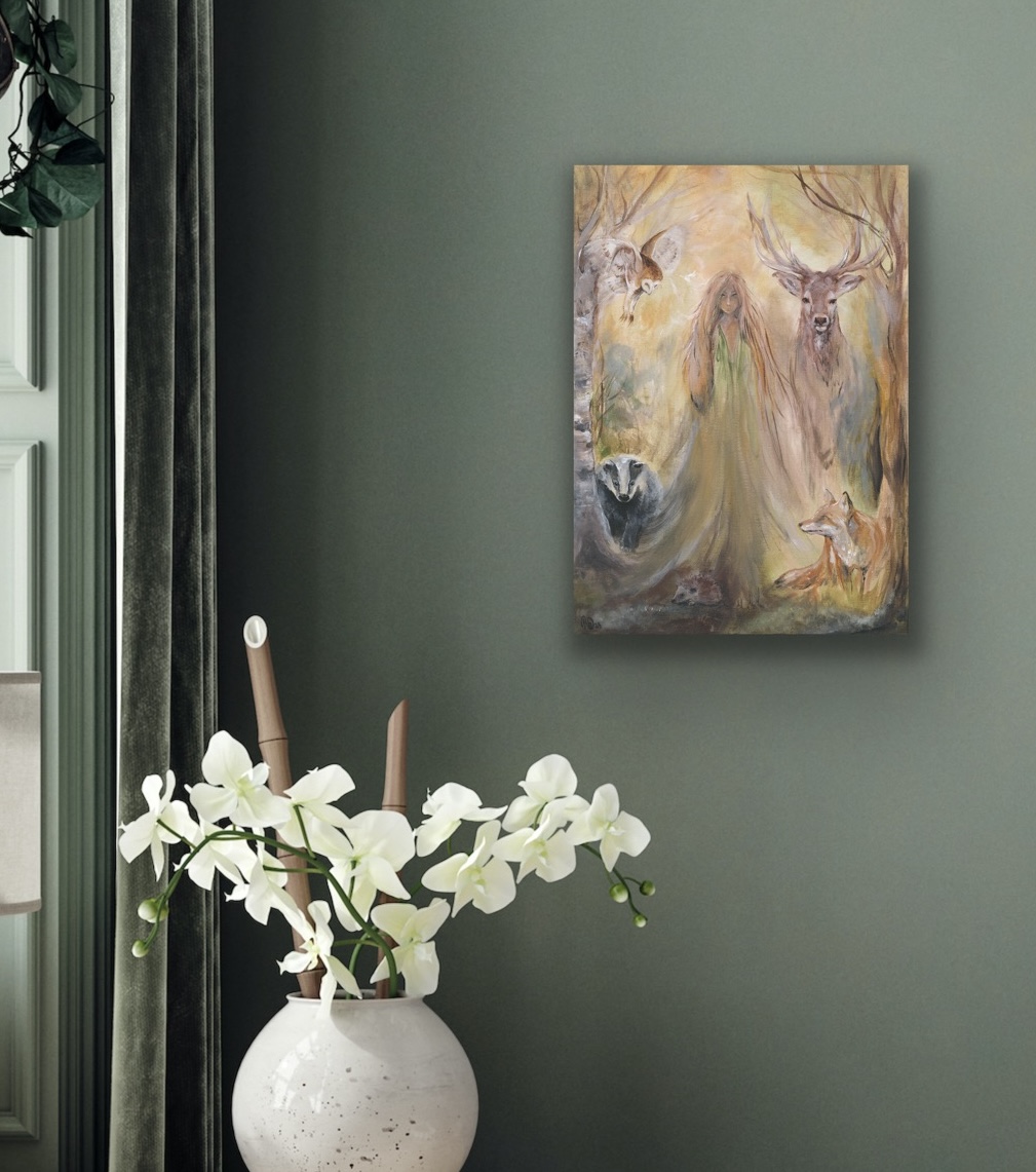 Walking with Friends canvas print styled on a forest green wall beside a window with white orchids