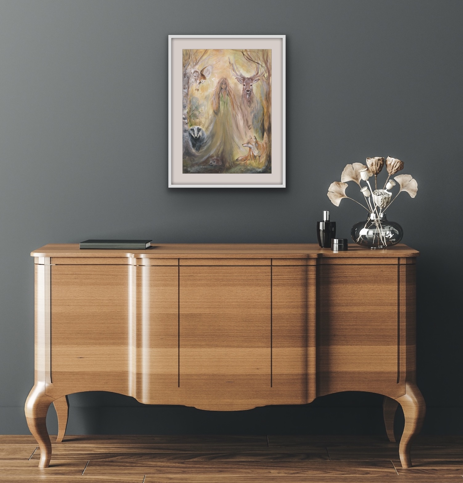 Walking with Friends framed art print in a white frame with cream mount styled above a wooden sideboard against a forest green wall with minimalist accessories