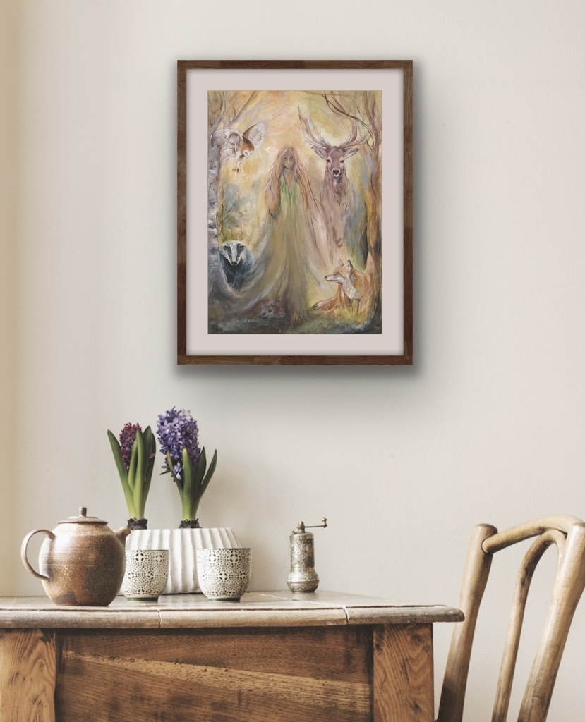 Walking with Friends framed art print in a warm wooden frame with light brown mount styled in a breakfast nook above a wooden table with simple breakfast items