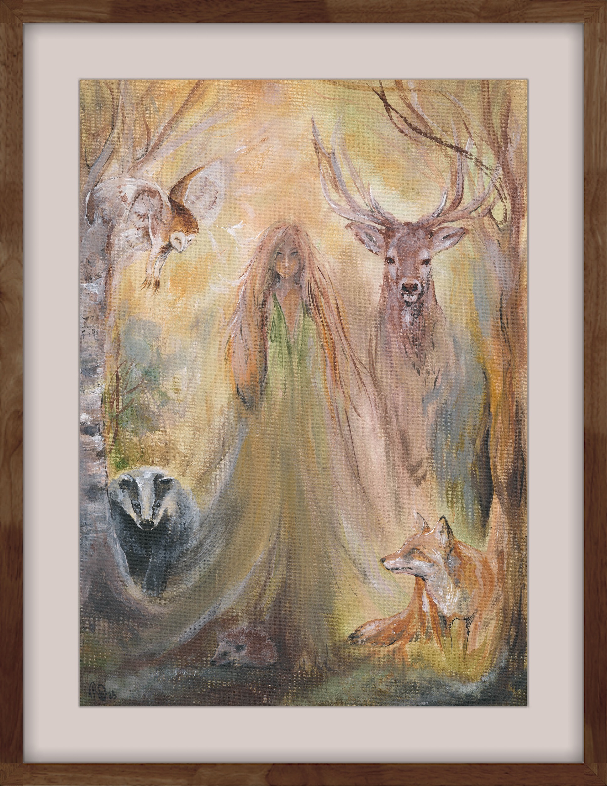 Walking with Friends framed art print in a thin warm wooden frame with light brown mount reflecting earthy tones in the painting